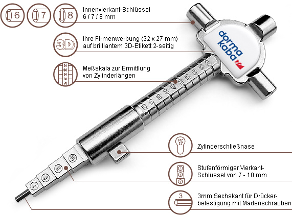 Der Bauschlüssel - Innenvierkant-Schlüssel - Zylinderschließnase - Stufenförmiger Vierkanntschlüssel - Sechskant für Drückerbefestigung mit Madenschrauben